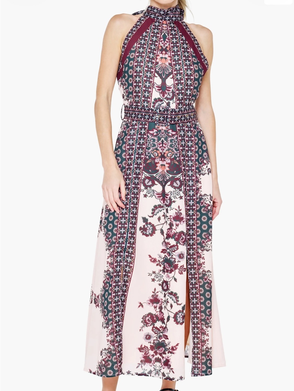 Boho Sleeveless High-Neck Pink Floral Maxi Dress